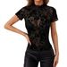 2026 Spring New Women's Stand Collar Mesh Flocked Short Sleeve T-Shirt Top For Women From Cross-Border And_ecoleips.com