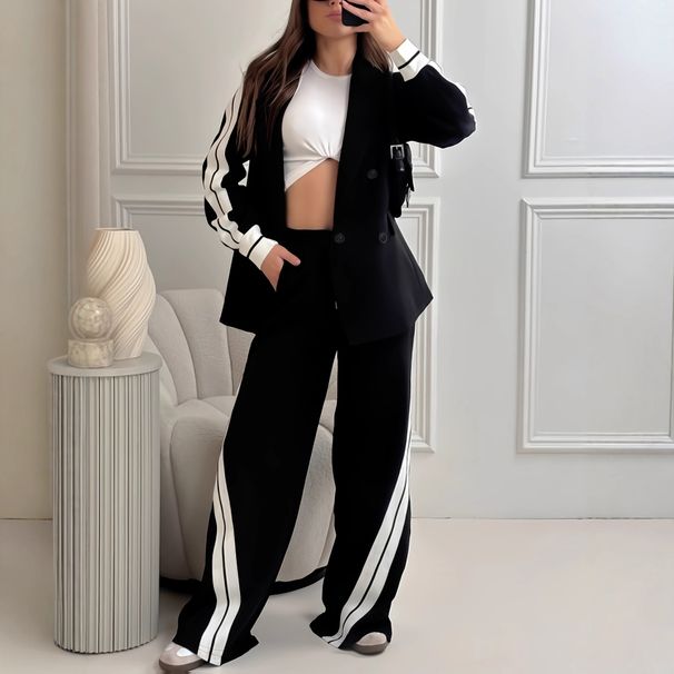 Women's Contrast Trim Relaxed Fit Long Sleeve Jacket With High-Waisted Draped Wide Leg Pants Two-Piece Set_ecoleips.com