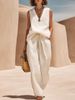 Women's Two Piece Set Vacation Style V Neck Sleeveless Top with Drawstring Wide Leg Pants Loose Fit European American Design_ecoleips.com