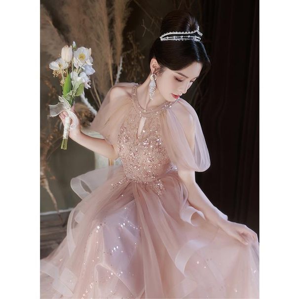 Pink Evening For Women, Light Luxury, Niche Halter Neck Wedding , Banquet High-End Feel, Host Art Exam Performance_ecoleips.com