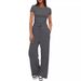 Women's Solid Color Casual Suit Pleated Short Sleeve Top And High Waisted Wide Leg Pants Sportswear Set Relaxed Everyday Wear Comfortable Feshion_ecoleips.com