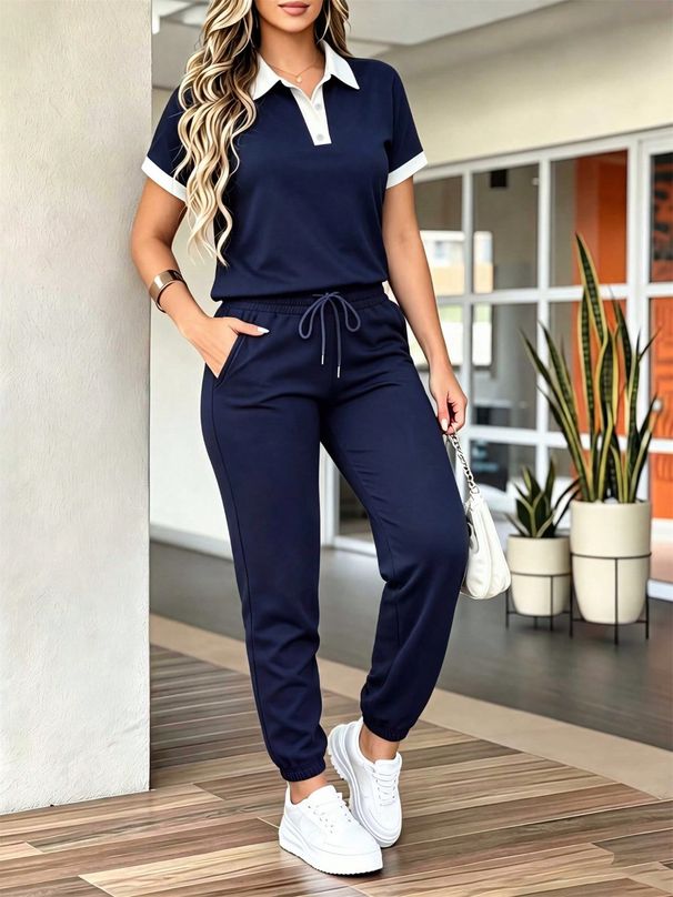 Women's Casual Polo Collar Printed T-Shirt And Cropped Pants Set Elastic Waist Drawstring Spring Summer_ecoleips.com