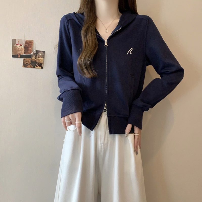 Real Shot Of A Short Double-zipper Hooded Sweatshirt Women, Suitable For Spring And Autumn, Korean Style, Slim Fit,_ecoleips.com