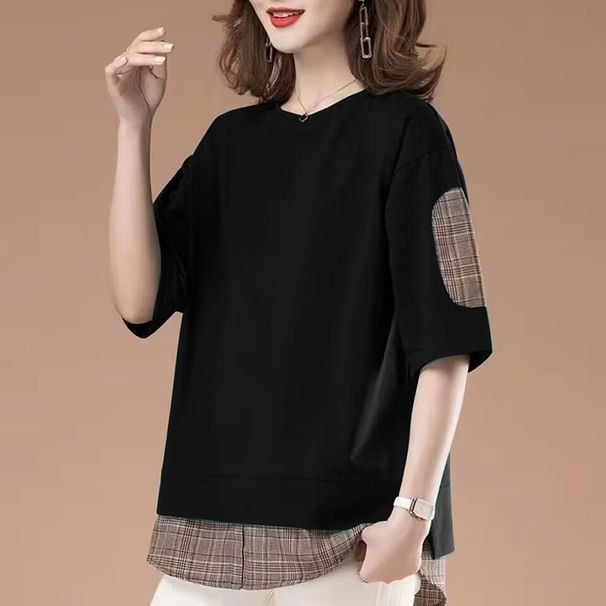 Designer-Style Fake Two-Piece T-Shirt For Women, Short Sleeves, Summer, Loose And Casual, Plus-Size For Moms, Figure-Con_ecoleips.com