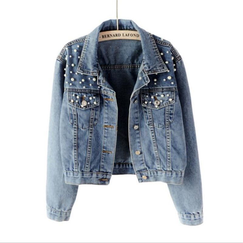 Women's Cropped Denim Jacket With Pearl Embellishments - Oversized Casual Spring/Fall Jacket (Classic Black/Snow Blue, S-6XL)_ecoleips.com