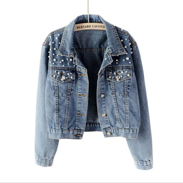 Women's Cropped Denim Jacket With Pearl Embellishments - Oversized Casual Spring/Fall Jacket (Classic Black/Snow Blue, S-6XL)_ecoleips.com