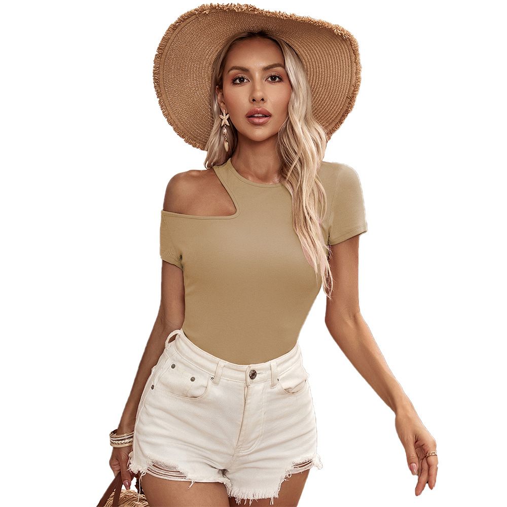 Voya New 2026 European And American Cross Border Knitted Sexy Hot Girl Design Sense Shoulder Hollow Slimming T-shirt_ecoleips.com