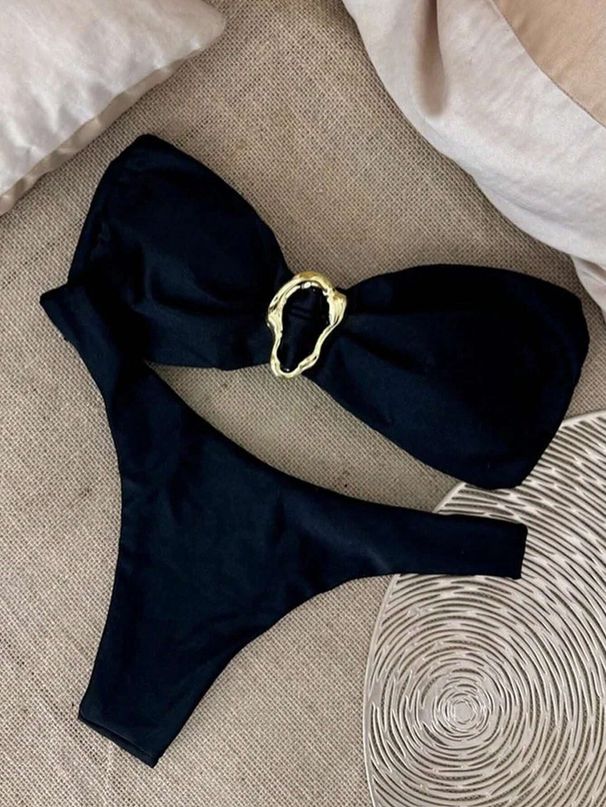 Women's Black Strapless Bikini European American Style Sexy Bow Tie Straps Swimwear_ecoleips.com