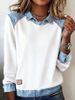 Women's Denim-Collar Knit Top – Long Sleeve Contrast Panel Pullover Sweater (7 Colors, Plus Size 3XL)_ecoleips.com