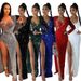 clothing solid color sequins sexy slit long skirt dress including sexy one-piece two-piece set_ecoleips.com