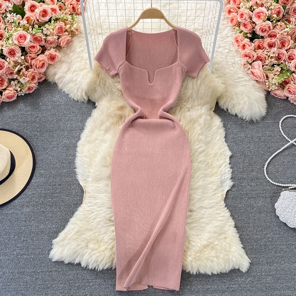 Women's Clothing Collar Knitted Dress With Short Sleeves Summer New Style Temperament Sexy Hot Girl Hip Long Skirt_ecoleips.com