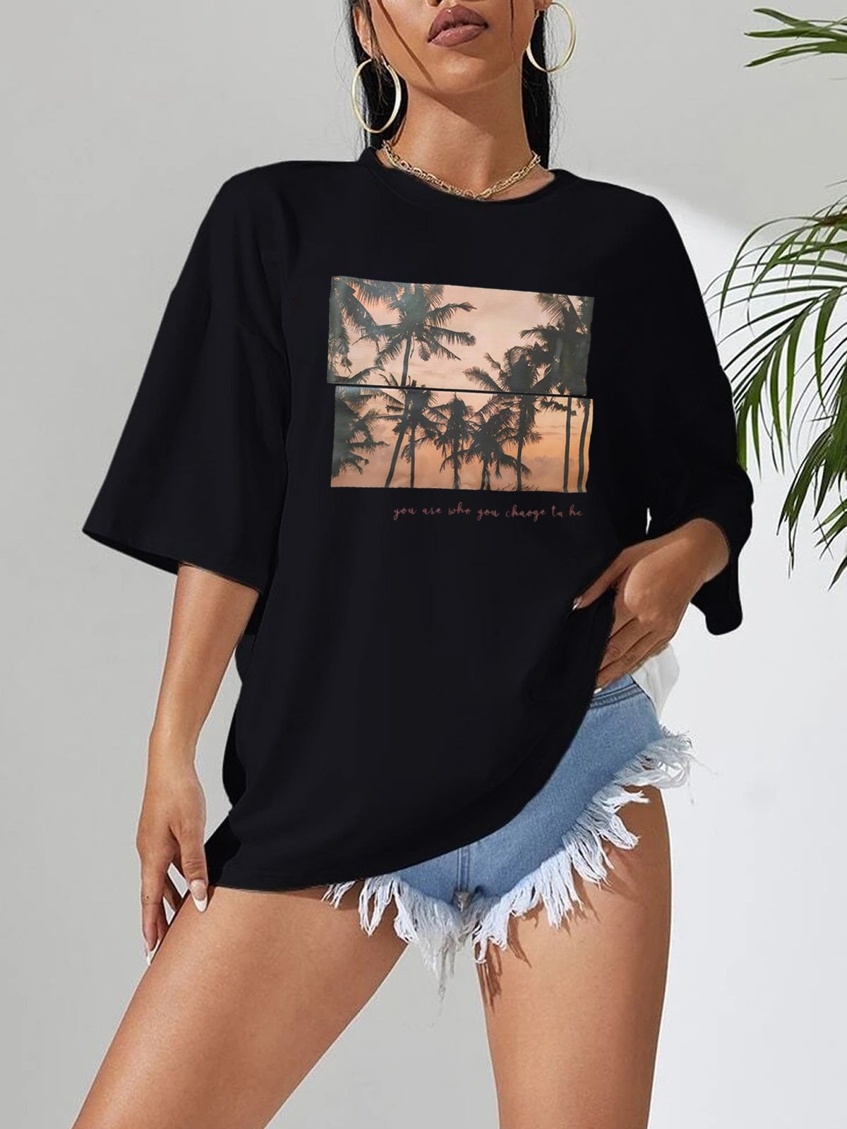 Women's Casual Black T-Shirt round Neck Short Sleeve Cotton Polyester Landscape Print Top European American Style Loose Fit_ecoleips.com