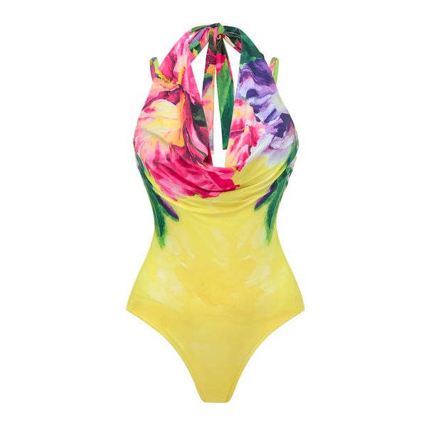 Women's Bright Yellow Printed One Piece Swimsuit European American Style Hot Selling 2026 New Swimwear_ecoleips.com