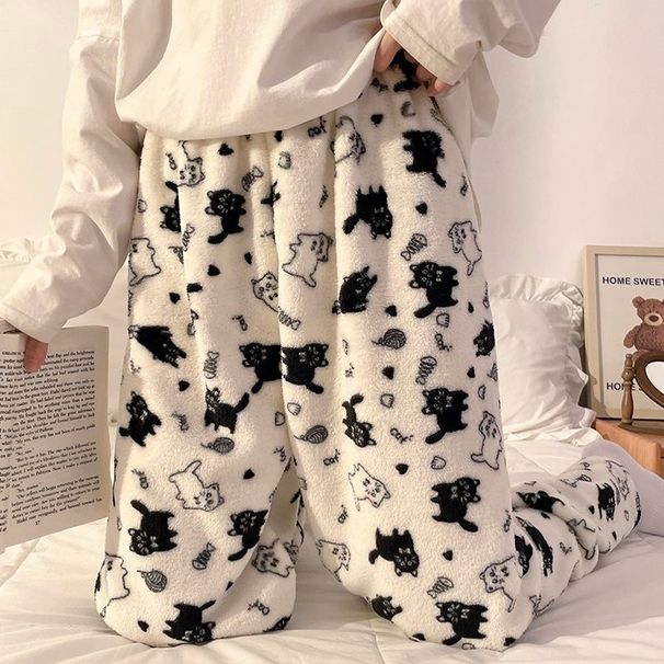 Black Cat Cartoon Pajamas Pants Kawaii Christmas PJS Korean Women Winter Warm Fluffy Flannel Sleepwear Girls Cute PJ Pants_ecoleips.com