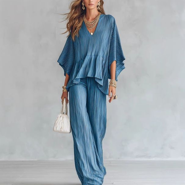 Women's Cotton Linen Long Sleeve Pleated Wide Leg Pants Suit Casual Autumn Outfit Set_ecoleips.com