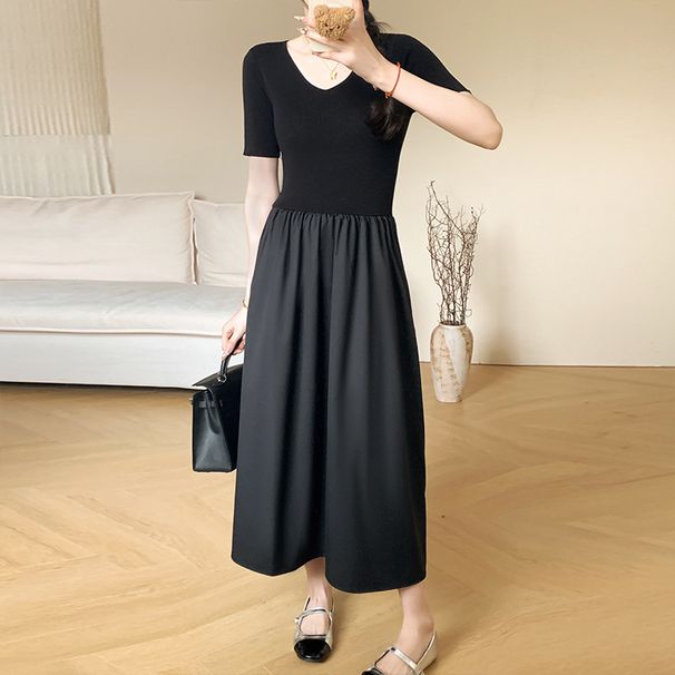 Black SwanMature Style For Women Summer Outerwear Silk Short Sleeve Flared French Slim Fairy Dress_ecoleips.com