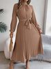 Women's Clothing autumn and winter elegant stand up collar long sleeve waist pleated long skirt small dress _ecoleips.com