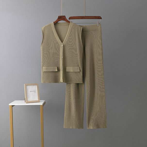Cross Border Summer New Simple Cardigan Loose Sleeveless Knitted Vest Top + Wide Leg Pants Knitted Two Piece Suit For Women_ecoleips.com