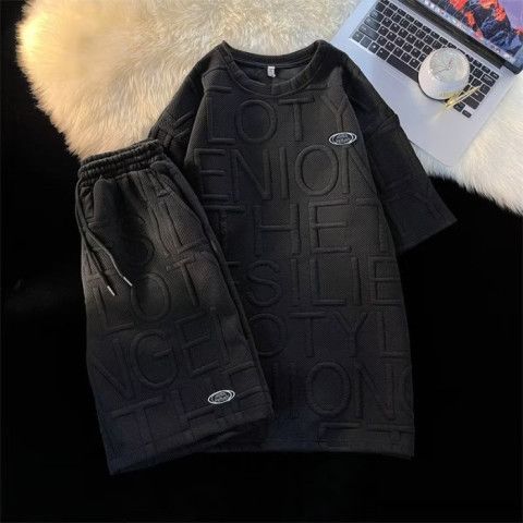 Women's Clothing Casual Sports Suit Waffle Trendy Brand College Style Short Sleeved T Shirt Loose Letter Shorts Summer Two Piece Suit_ecoleips.com