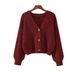 Women's V Neck Cardigan Sweater Loose Fit Retro Cable Knit Short Style For Autumn Winter New_ecoleips.com