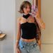 Slim-Fit Halter Neck Crop Top For Women, Sexy Ribbed Knit Sleeveless Shirt, Summer Basic T-Shirt, Black & White_ecoleips.com