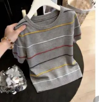 Women's Korean Style Sweet Preppy Top Apricot Round Neck Striped Short Sleeved Knitwear For Summer Wear Inner Layer Base Layer_ecoleips.com