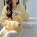 girl Cream Yellow Mink Velvet V-Neck Sweater Women, Loose Gentle Lazy Style Pullover Knitwear For Autumn And Winter, Thick_ecoleips.com