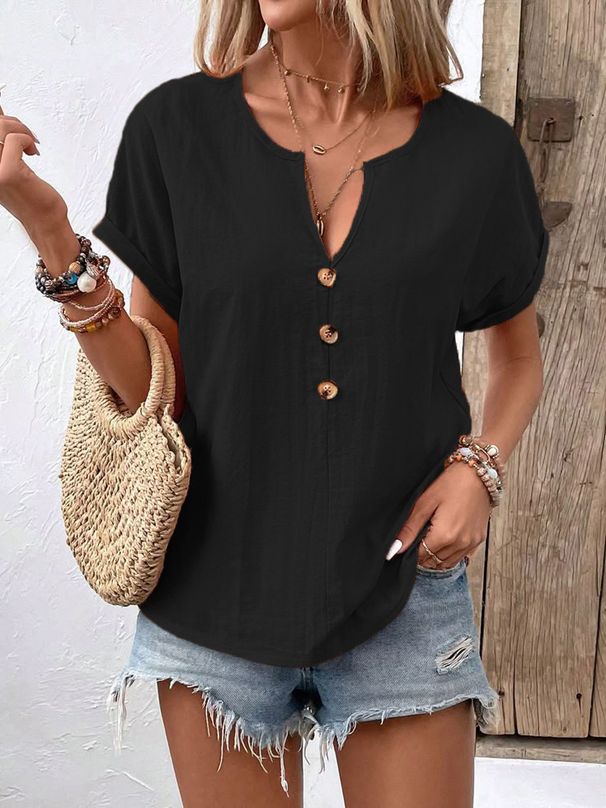 Women's Clothing Button V Neck Short Sleeved T Shirt Tops_ecoleips.com
