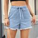 Women's Clothing New Elastic Waist Drawstring Casual High Waist Raw Edge Denim Shorts For Women_ecoleips.com