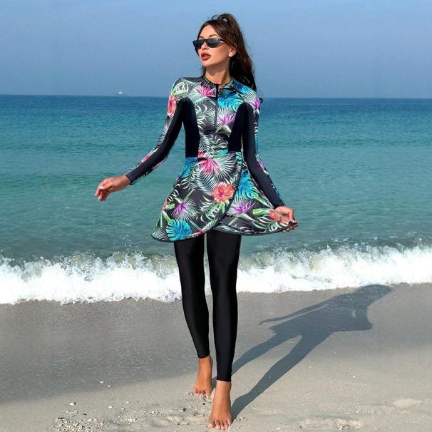 Muslim Swimsuit Conservative Long Sleeve Long Pants Swimwear Set 2025 Print Splicing European Fashion Women's Swimsuit Cover Up_ecoleips.com