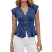 Women's V Neck Slim Fit Denim Vest Top Fashionable Casual Button Down European American Style Cross Border Sleeveless Pleated_ecoleips.com