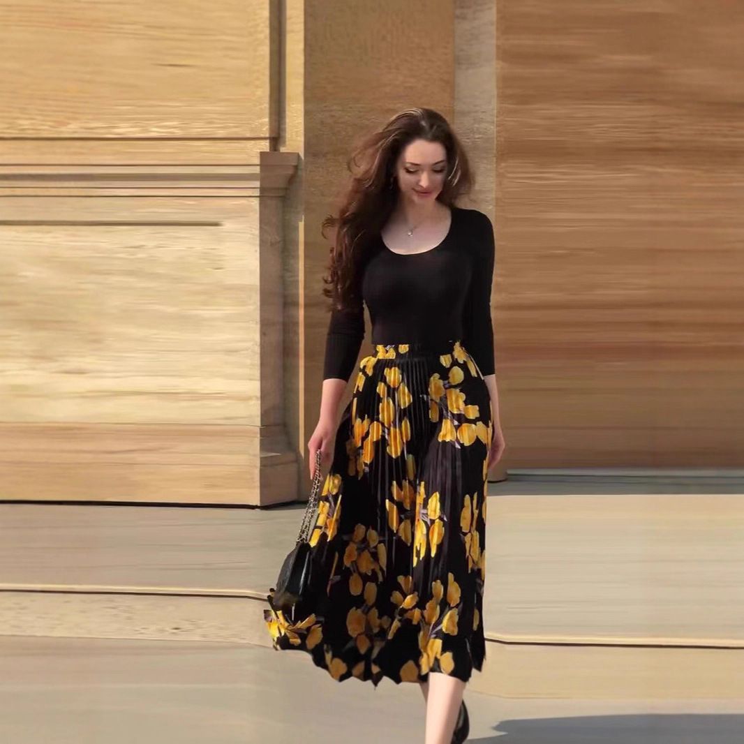 Women's Long Sleeved U Neck Slim Fit Printed Two Piece Set Fashion_ecoleips.com