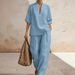 Women's Solid Color Linen Two Piece Set Casual Comfortable Minimalist Spring/Summer mid Waist Full Length Pants European American Style_ecoleips.com