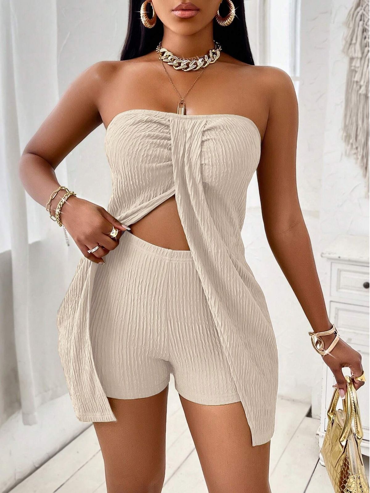 Women's Clothing Strapless Top And Shorts Set Solid Color Spring/Summer Regular Size_ecoleips.com