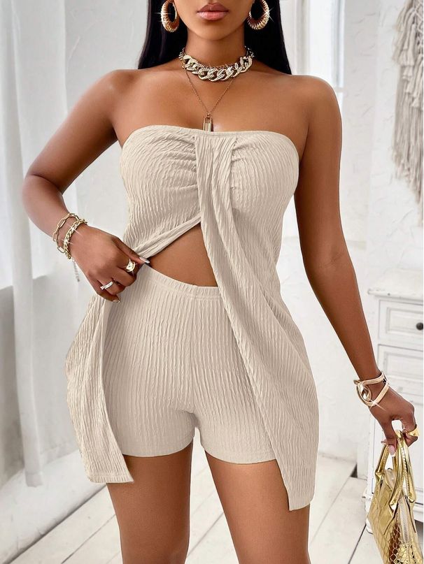 Women's Clothing Strapless Top And Shorts Set Solid Color Spring/Summer Regular Size_ecoleips.com