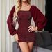 Women Sexy Square Neck Drawstring Ruched Slim Fit Glitter Shimmer Bodycon Party Dress_ecoleips.com