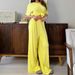 European And American Autumn New Yellow Knitted Ribbed Loose Comfortable Short Sleeve Long Pants Pajama Set_ecoleips.com