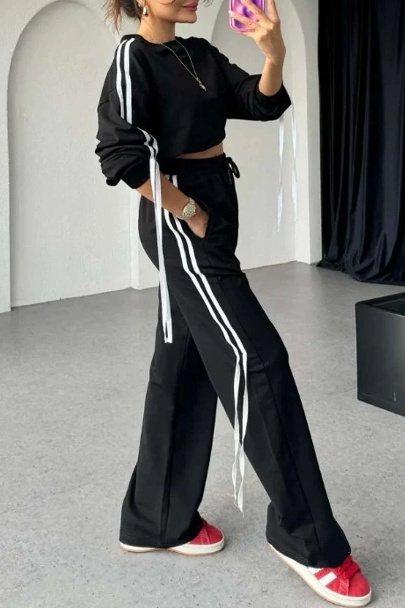 Women's Clothing Contrast Color Ribbon Stripe Splicing Casual Sweater Pants Set _ecoleips.com