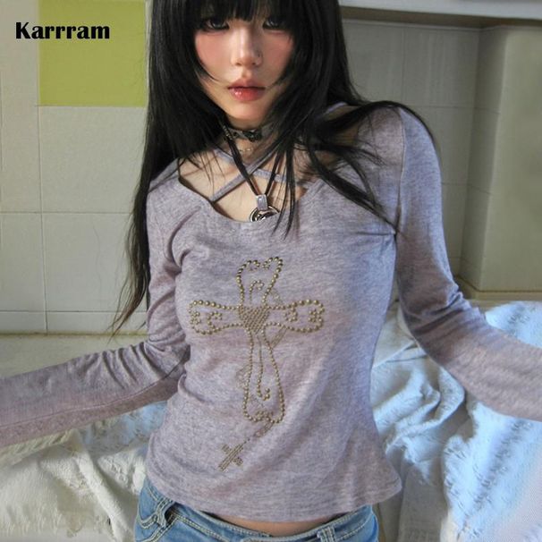 Karrram Japanese Y2k Knitted Tops Grunge Aesthetics Flare Sleeve T-shirts Vintage Harajuku Purple Knitwear American Retro 2000s_ecoleips.com