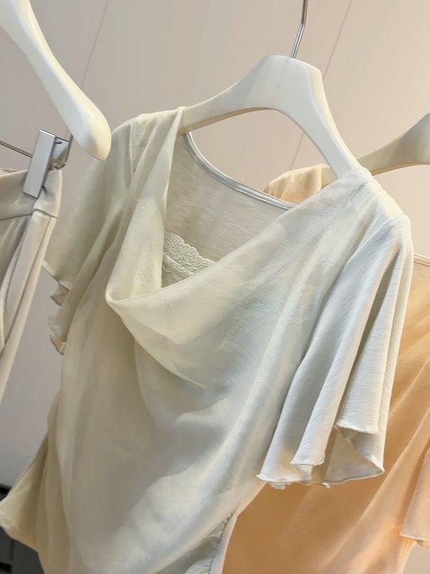 Women's Pure Elegant Short Sleeve T-Shirt Summer Style Faux Two-Piece Waist Cinching Pleated Versatile Top with Scarf_ecoleips.com