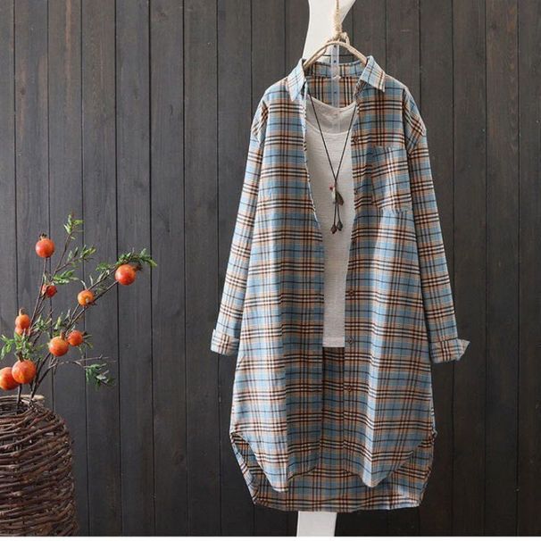 Spring Women's Large Size Grid-Shirt In Korean-Style Retro Design With Loose-Fitting Thin Lining_ecoleips.com