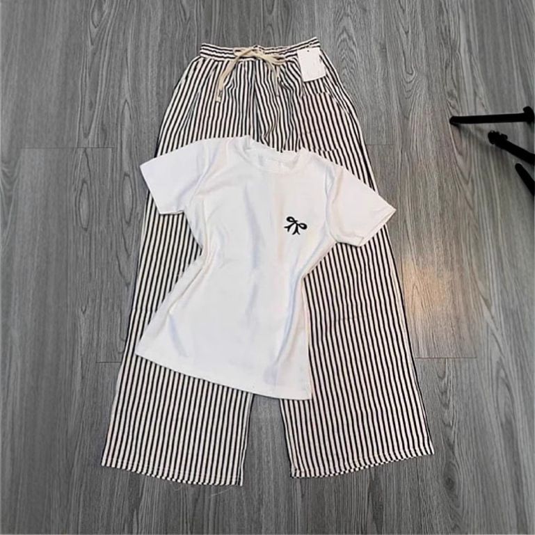 Women's Striped Two Piece Set Casual Fashion Wide Leg Pants With Embroidered Bow Slimming Effect Loose Fit Pant Set For Spring/Autumn_ecoleips.com