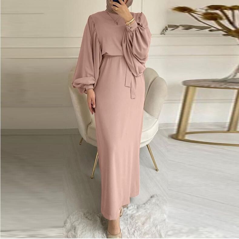 2308 Cross-Border Solid Color Long Sleeve Casual Muslim Dress Robe Elegant Middle Eastern_ecoleips.com