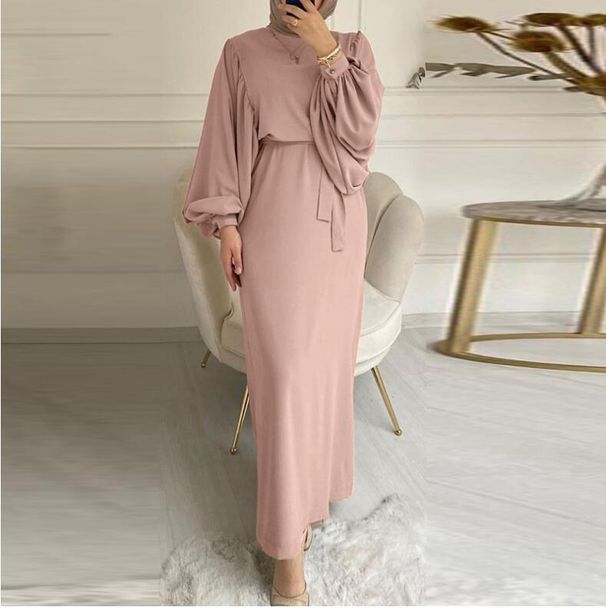 2308 Cross-Border Solid Color Long Sleeve Casual Muslim Dress Robe Elegant Middle Eastern_ecoleips.com