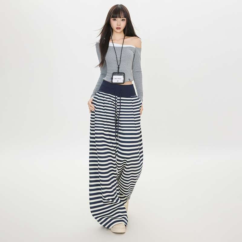 Autumn Winter Striped Loose Comfortable Long American-style Blue And White Drawstring Elastic Casual Pants, Stylish_ecoleips.com