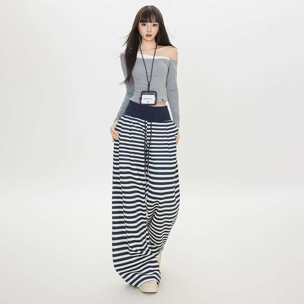 Autumn Winter Striped Loose Comfortable Long American-style Blue And White Drawstring Elastic Casual Pants, Stylish_ecoleips.com