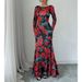 Spring Autumn Elegant Bodycon Dress With Rose Floral Pattern Long Slim Fit Round Neck Slightly Flared Sleeves_ecoleips.com