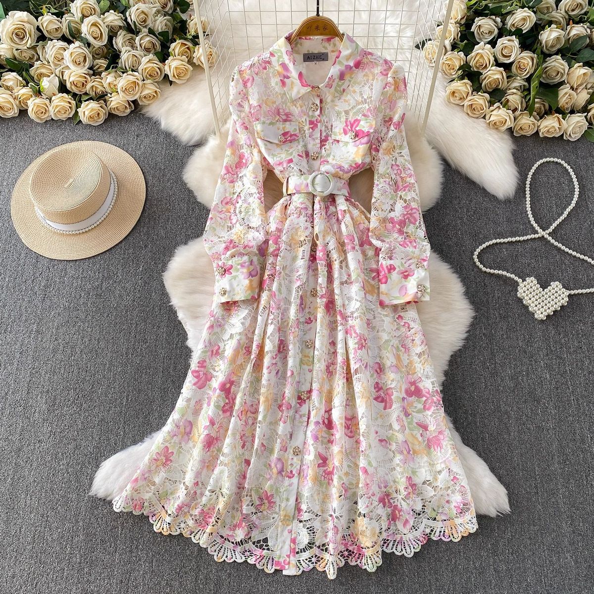 Women's French Style Lace Print Dress Heavy Duty Hollowed Out Lapel Slimming Long Gown With Metal Buckle Waist Cinching For Spring And Autumn_ecoleips.com