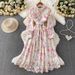 Women's French Style Lace Print Dress Heavy Duty Hollowed Out Lapel Slimming Long Gown With Metal Buckle Waist Cinching For Spring And Autumn_ecoleips.com