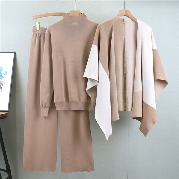 Women's Suit For Spring And Autumn, New Elegant Ladylike Style, Casual Knit Sweater, Shawl Cape, Wide-leg Pants_ecoleips.com